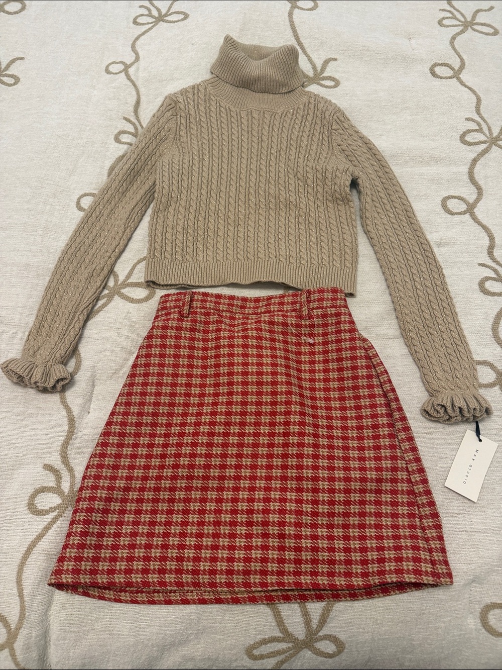 Max Studio Red and Tan Houndstooth A-Line Skirt Set